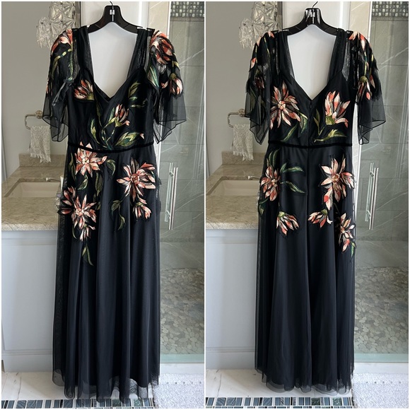 SOLD Marchesa Notte V-Neck Half-Sleeve Floral Embroidered Tulle A-Line Gown - Picture 3 of 12